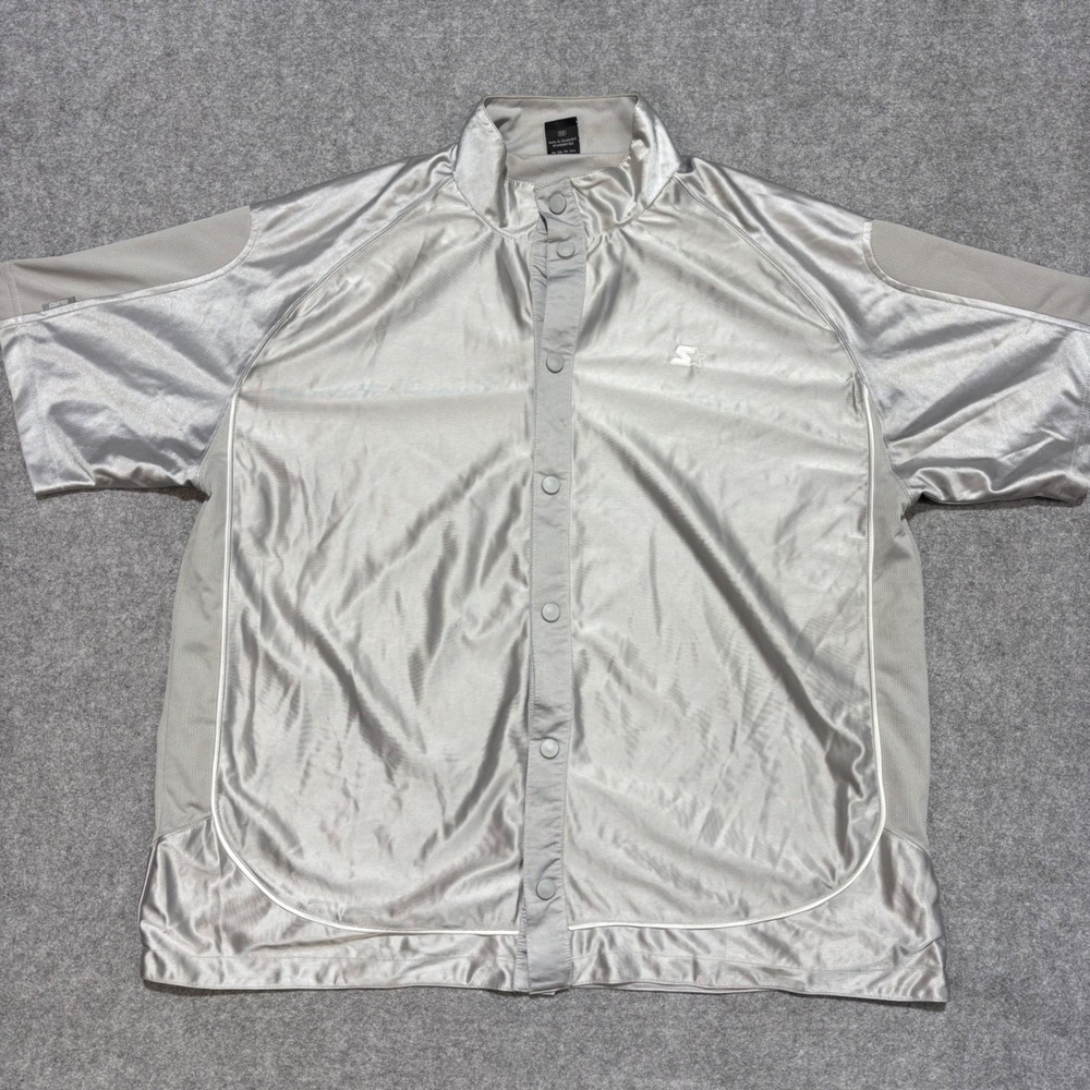 Starter Mens XL Silver Short Sleeve Snap Front Athletic Warm Up Jacket Metallic